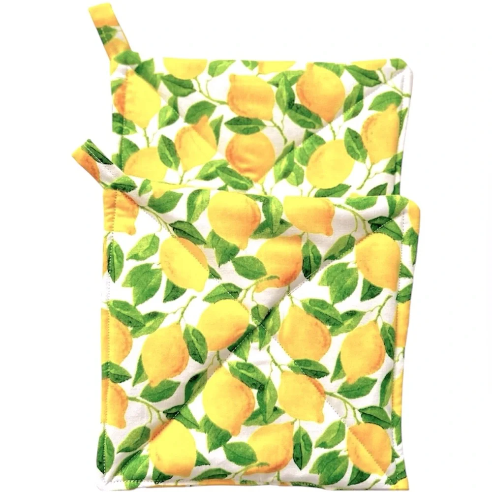 Hand Crafted Colorful Yellow Lemons Fabric Cotton Pot Holders or Hot Mats Trivet